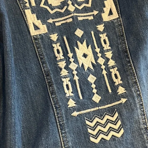 Jessica Simpson Blue Denim Jacket with White Embroidered Accents - Picture 9 of 10